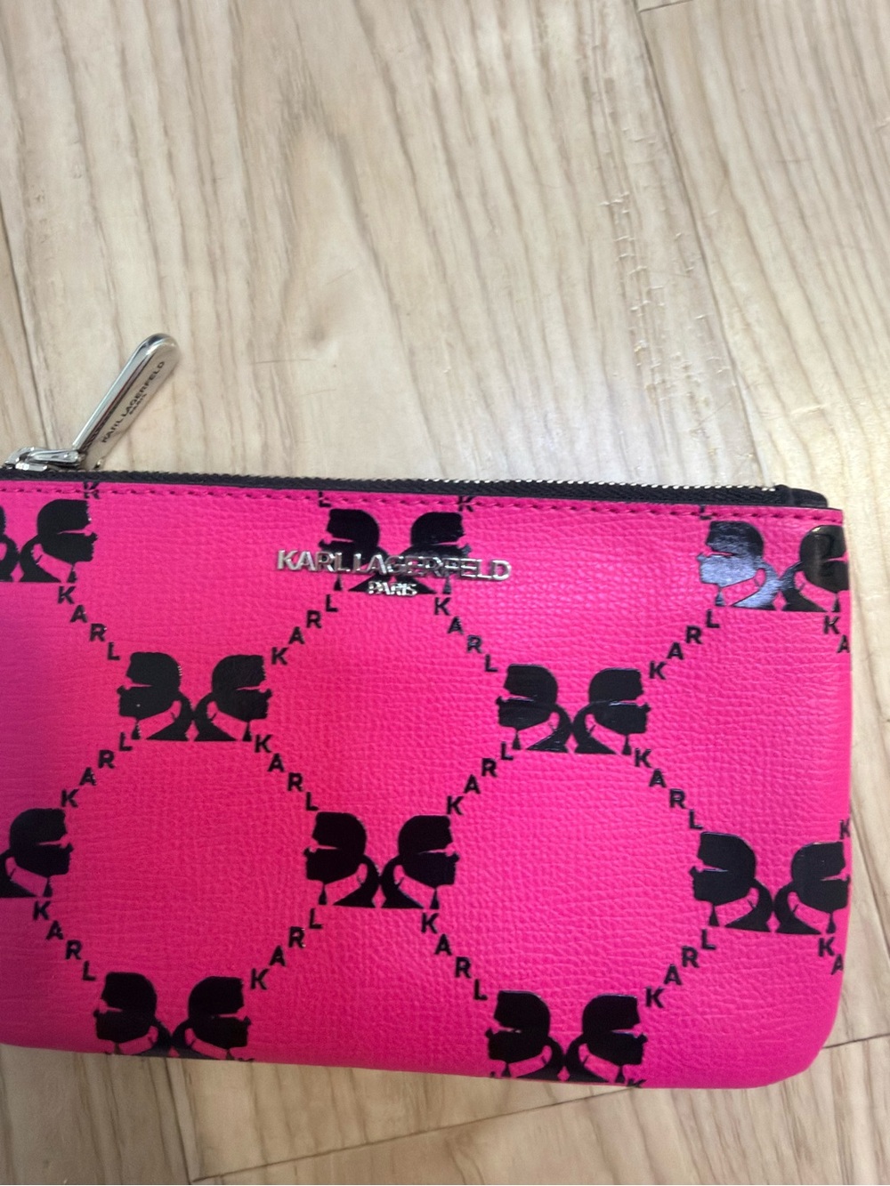 Karl Lagerfeld Hot Pink Logo Print Zip Cosmetic Pouch